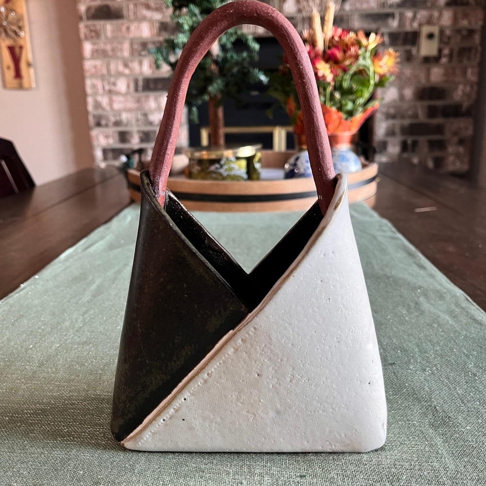 Unique Ceramic Handbag Vase or Planter Modern Art Decor Stamped O